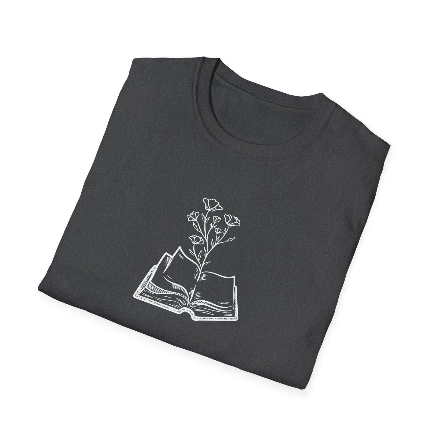 Literary Blooms Unisex Softstyle T-Shirt, Book Lover Gift, Reading Tee, Nature Graphic Shirt, Perfect for Birthdays, Book Clubs, and More