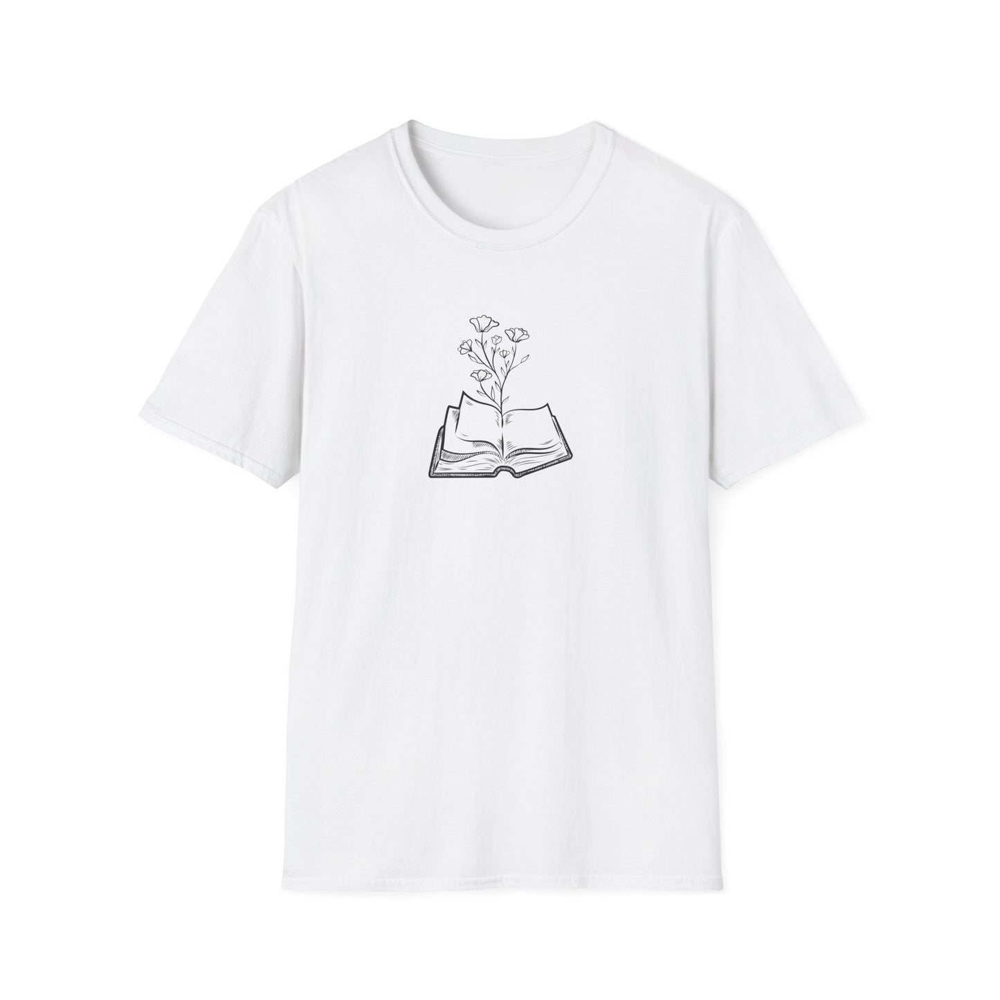 Literary Blooms Unisex Softstyle T-Shirt, Book Lover Gift, Reading Tee, Nature Graphic Shirt, Perfect for Birthdays, Book Clubs, and More