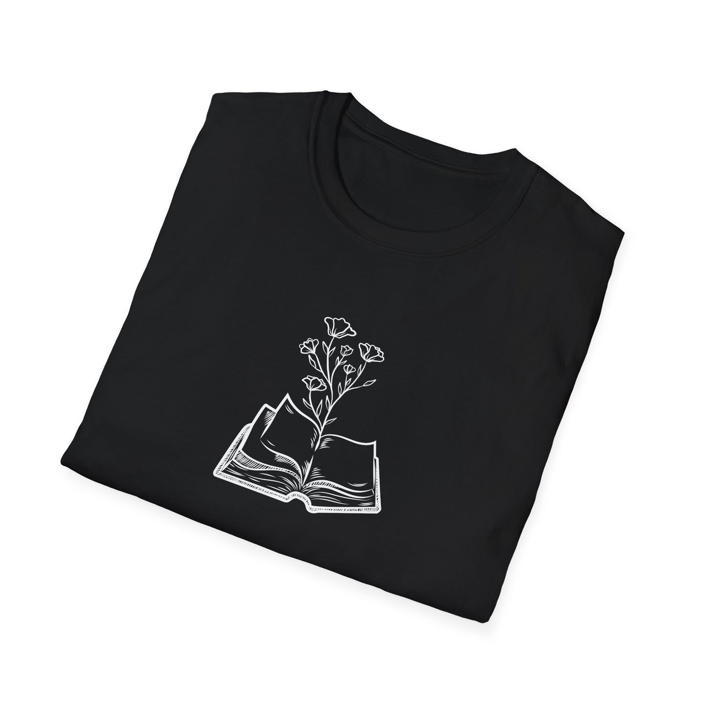 Literary Blooms Unisex Softstyle T-Shirt, Book Lover Gift, Reading Tee, Nature Graphic Shirt, Perfect for Birthdays, Book Clubs, and More