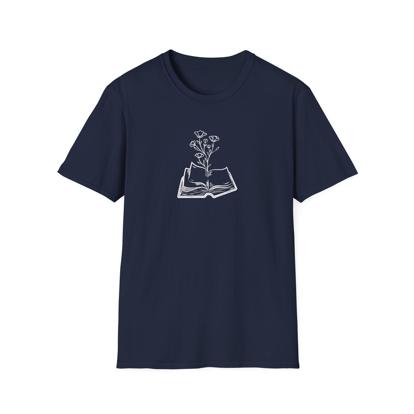 Literary Blooms Unisex Softstyle T-Shirt, Book Lover Gift, Reading Tee, Nature Graphic Shirt, Perfect for Birthdays, Book Clubs, and More