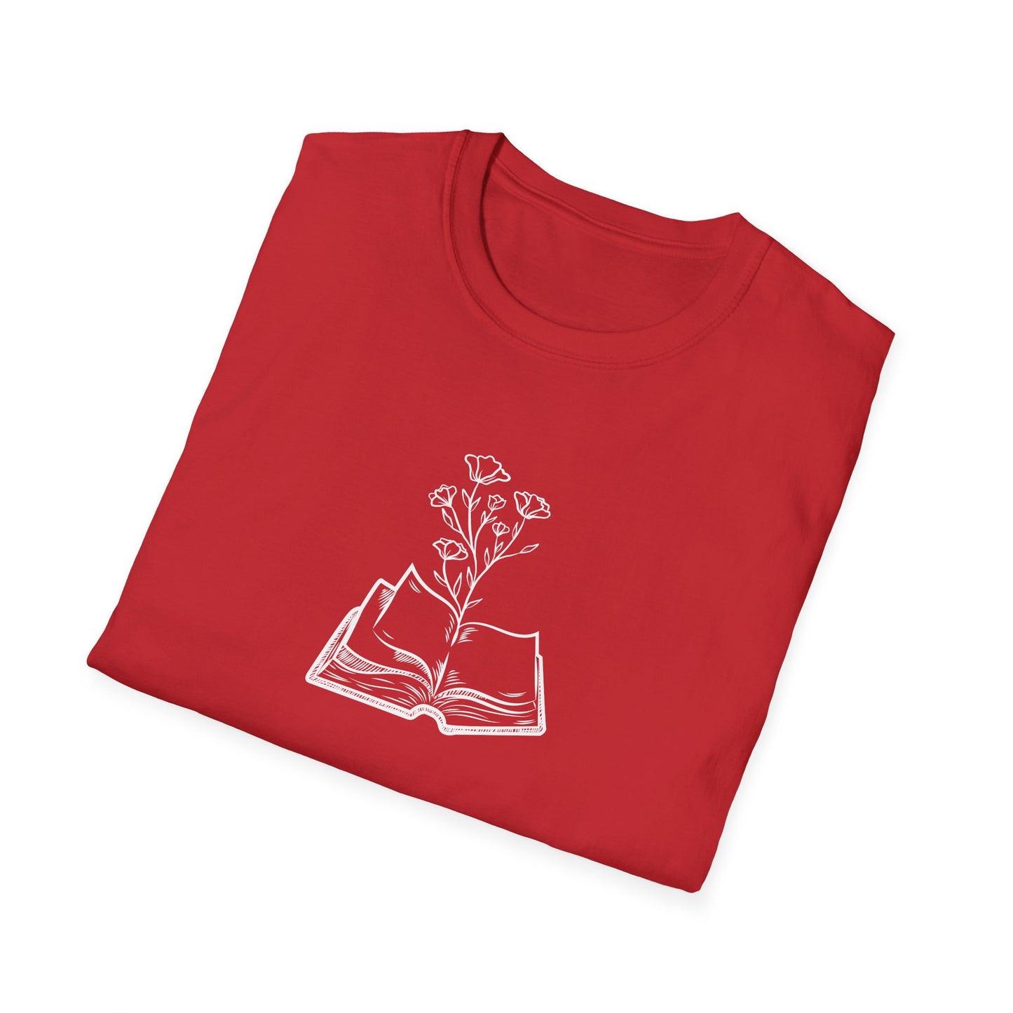 Literary Blooms Unisex Softstyle T-Shirt, Book Lover Gift, Reading Tee, Nature Graphic Shirt, Perfect for Birthdays, Book Clubs, and More