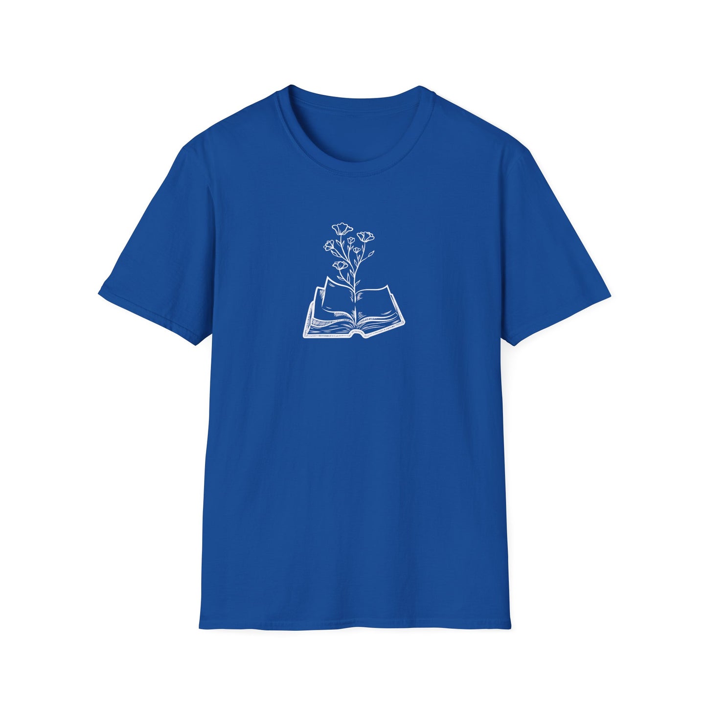 Literary Blooms Unisex Softstyle T-Shirt, Book Lover Gift, Reading Tee, Nature Graphic Shirt, Perfect for Birthdays, Book Clubs, and More