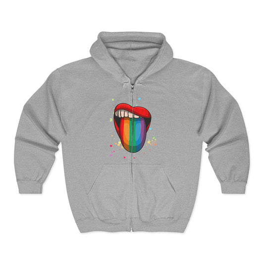 Colorful Rainbow Lip Hooded Sweatshirt, Unisex Hoodie, Festival Wear, Pride Merchandise, Streetwear, Graphic Zip-Up Sweatshirt