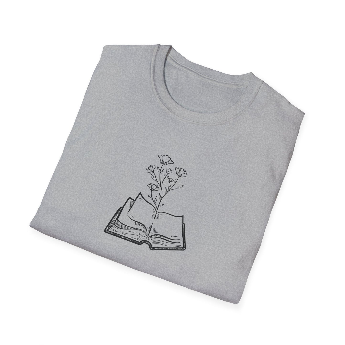 Literary Blooms Unisex Softstyle T-Shirt, Book Lover Gift, Reading Tee, Nature Graphic Shirt, Perfect for Birthdays, Book Clubs, and More