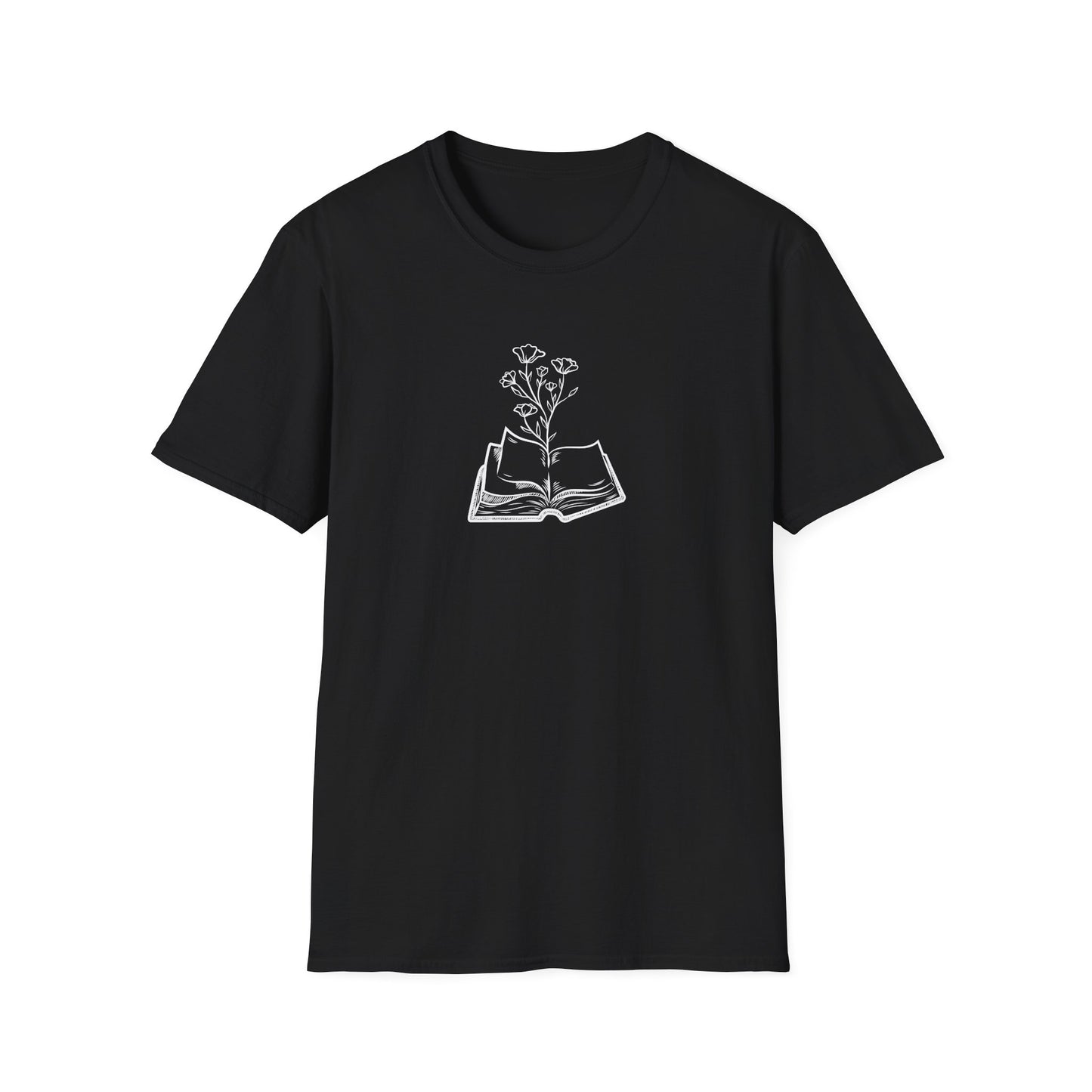 Literary Blooms Unisex Softstyle T-Shirt, Book Lover Gift, Reading Tee, Nature Graphic Shirt, Perfect for Birthdays, Book Clubs, and More