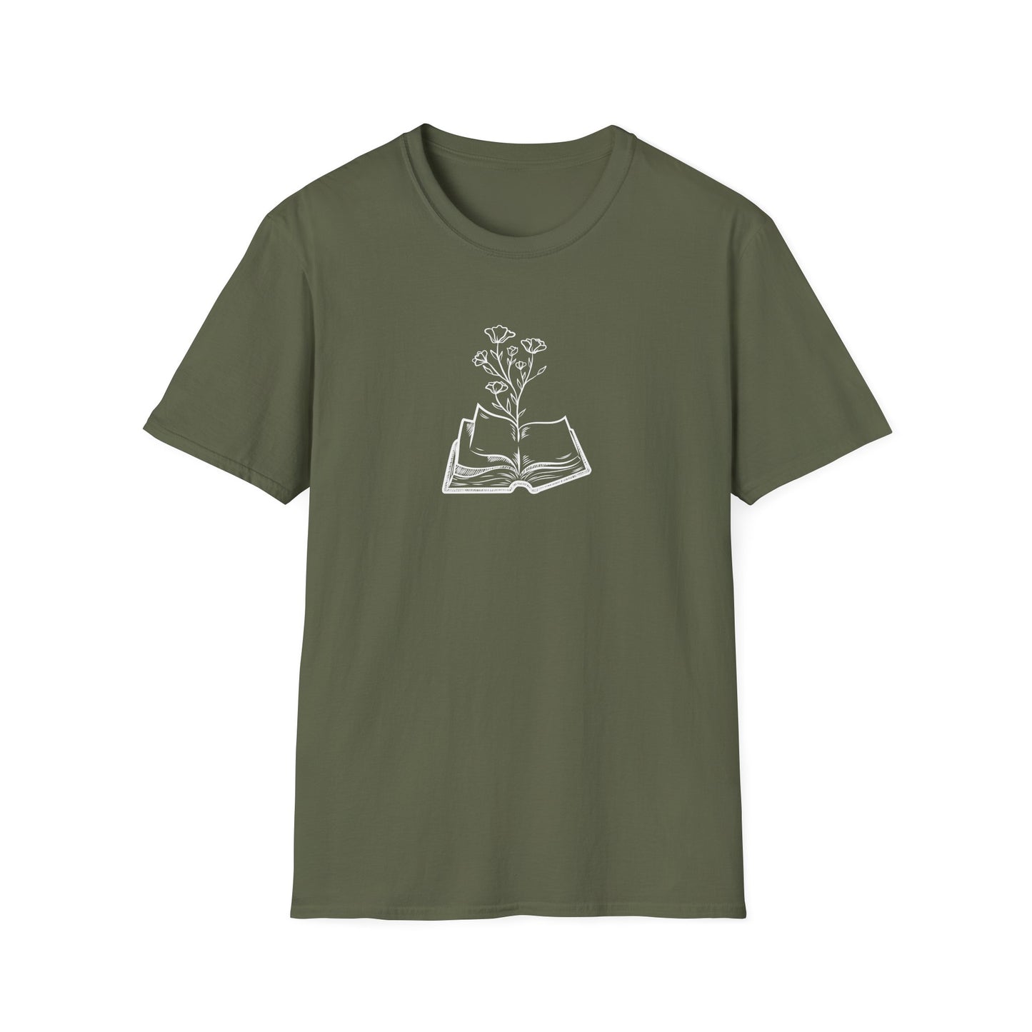 Literary Blooms Unisex Softstyle T-Shirt, Book Lover Gift, Reading Tee, Nature Graphic Shirt, Perfect for Birthdays, Book Clubs, and More