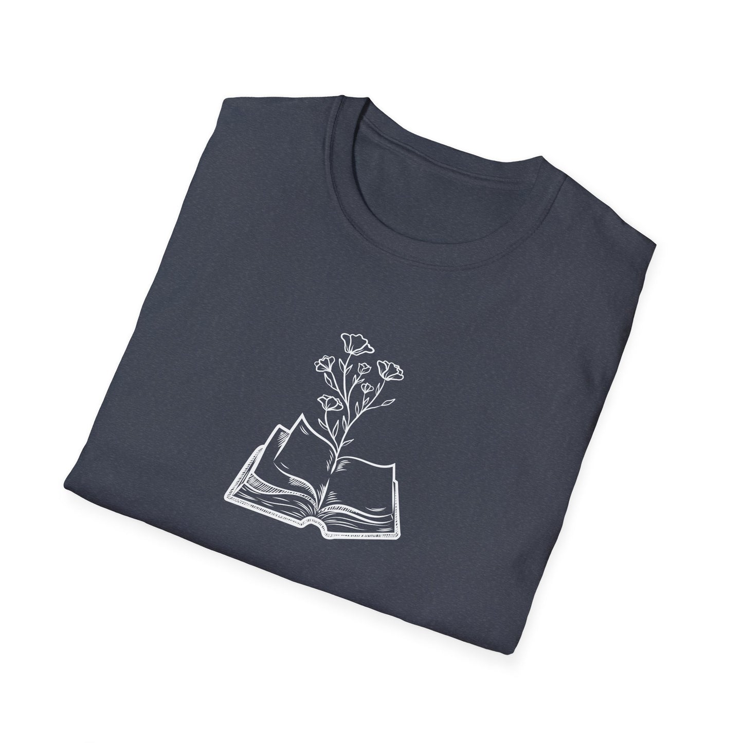 Literary Blooms Unisex Softstyle T-Shirt, Book Lover Gift, Reading Tee, Nature Graphic Shirt, Perfect for Birthdays, Book Clubs, and More