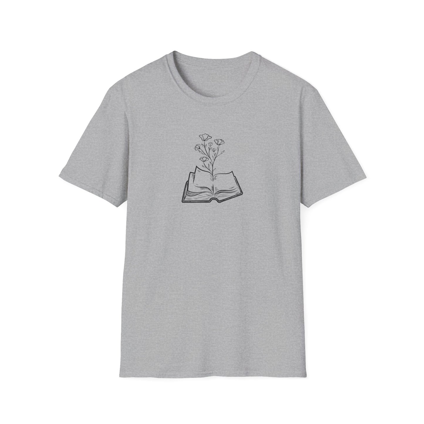 Literary Blooms Unisex Softstyle T-Shirt, Book Lover Gift, Reading Tee, Nature Graphic Shirt, Perfect for Birthdays, Book Clubs, and More