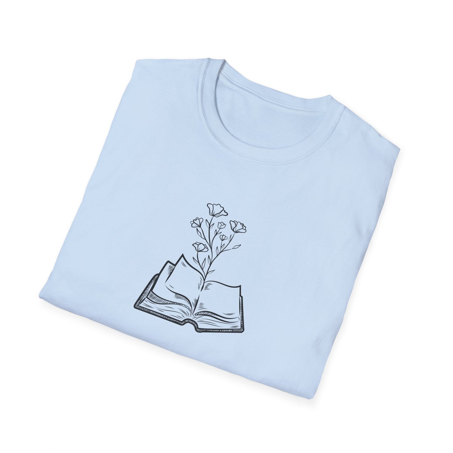 Literary Blooms Unisex Softstyle T-Shirt, Book Lover Gift, Reading Tee, Nature Graphic Shirt, Perfect for Birthdays, Book Clubs, and More
