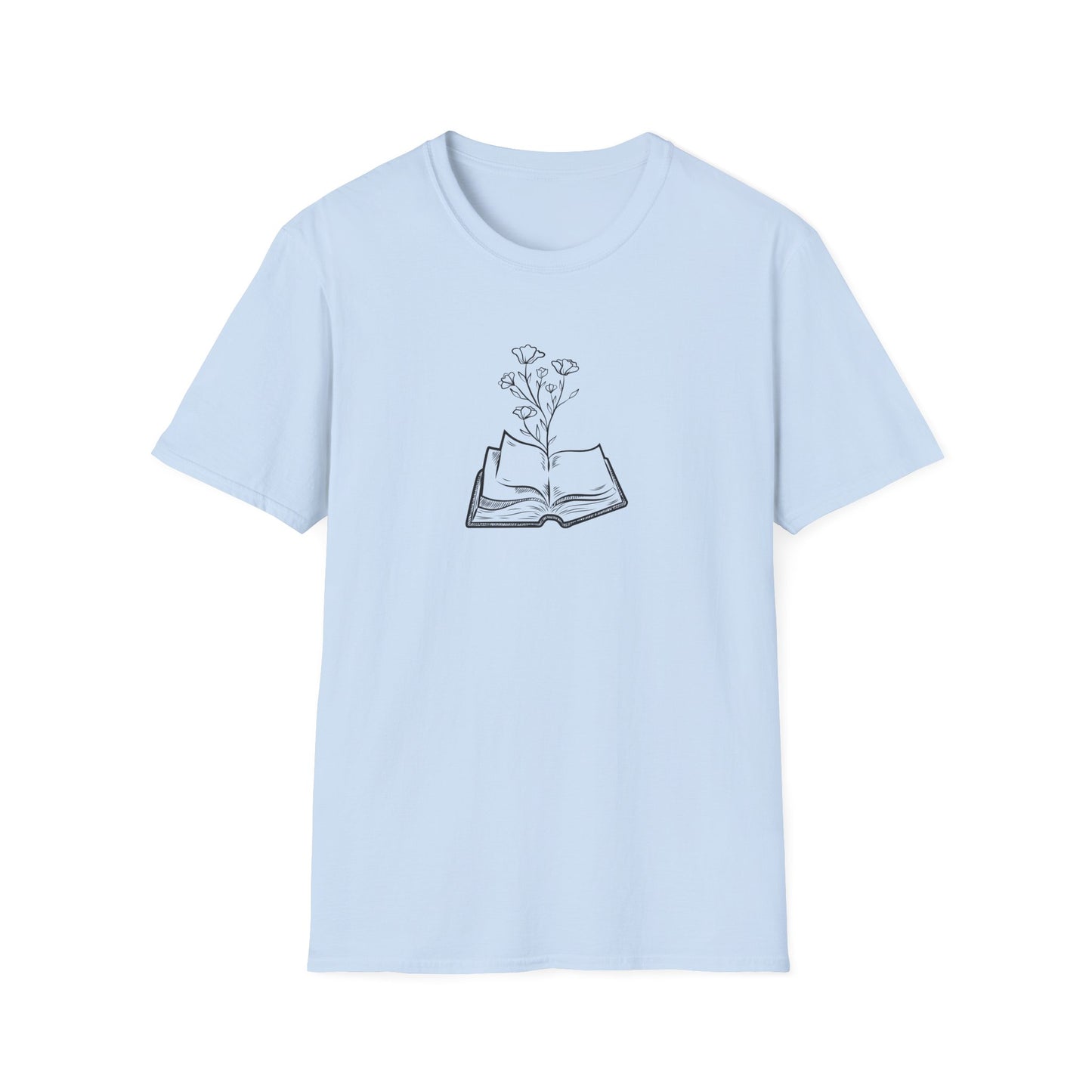 Literary Blooms Unisex Softstyle T-Shirt, Book Lover Gift, Reading Tee, Nature Graphic Shirt, Perfect for Birthdays, Book Clubs, and More