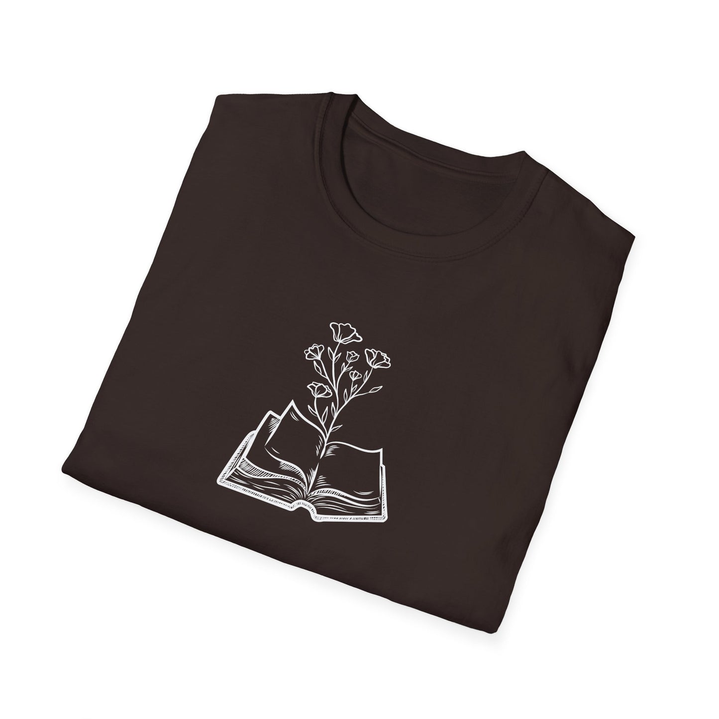Literary Blooms Unisex Softstyle T-Shirt, Book Lover Gift, Reading Tee, Nature Graphic Shirt, Perfect for Birthdays, Book Clubs, and More