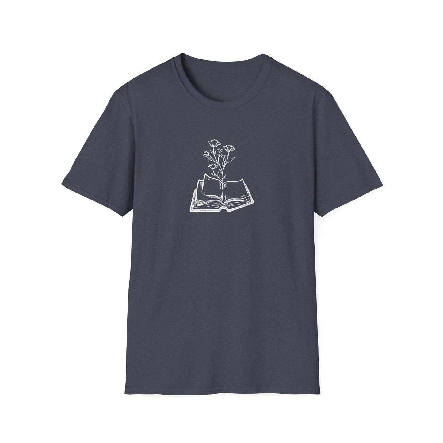 Literary Blooms Unisex Softstyle T-Shirt, Book Lover Gift, Reading Tee, Nature Graphic Shirt, Perfect for Birthdays, Book Clubs, and More