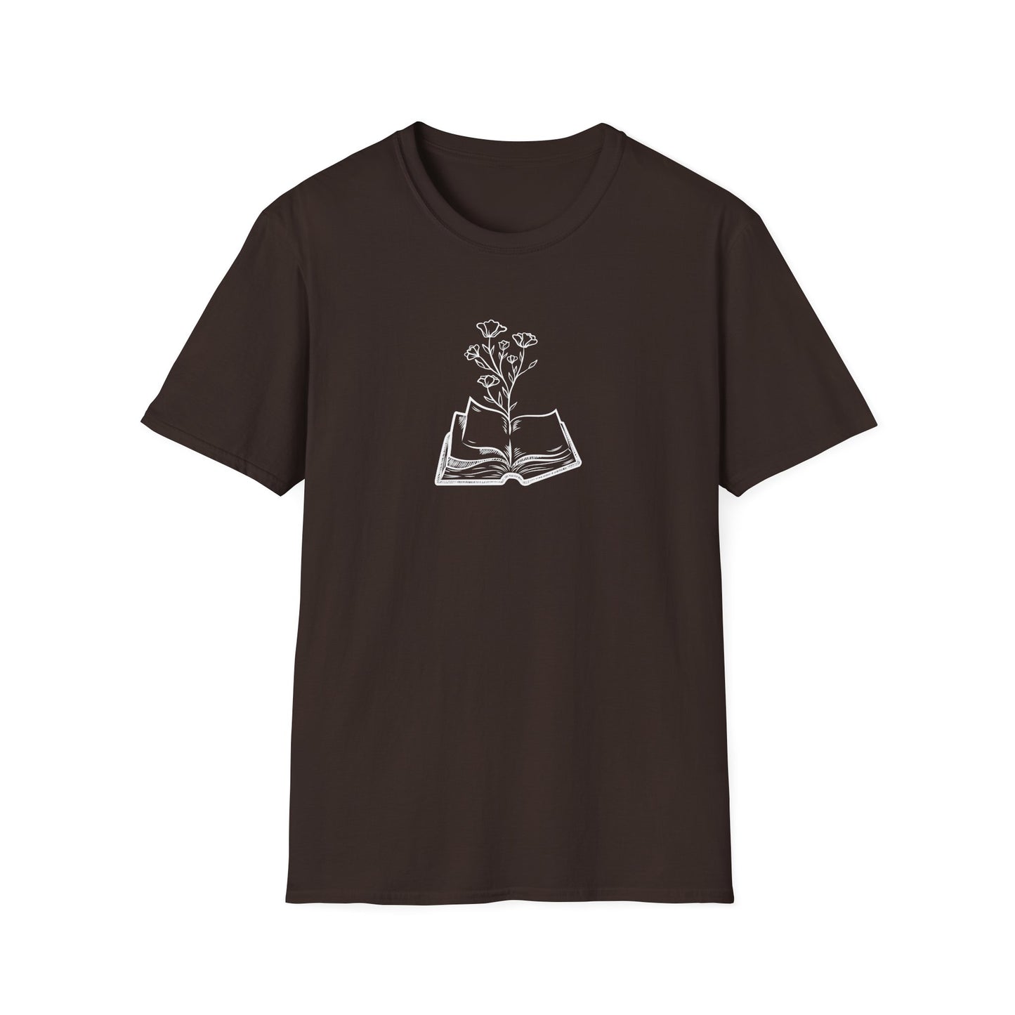 Literary Blooms Unisex Softstyle T-Shirt, Book Lover Gift, Reading Tee, Nature Graphic Shirt, Perfect for Birthdays, Book Clubs, and More