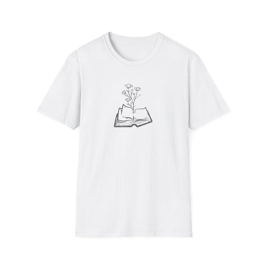 Literary Blooms Unisex Softstyle T-Shirt, Book Lover Gift, Reading Tee, Nature Graphic Shirt, Perfect for Birthdays, Book Clubs, and More