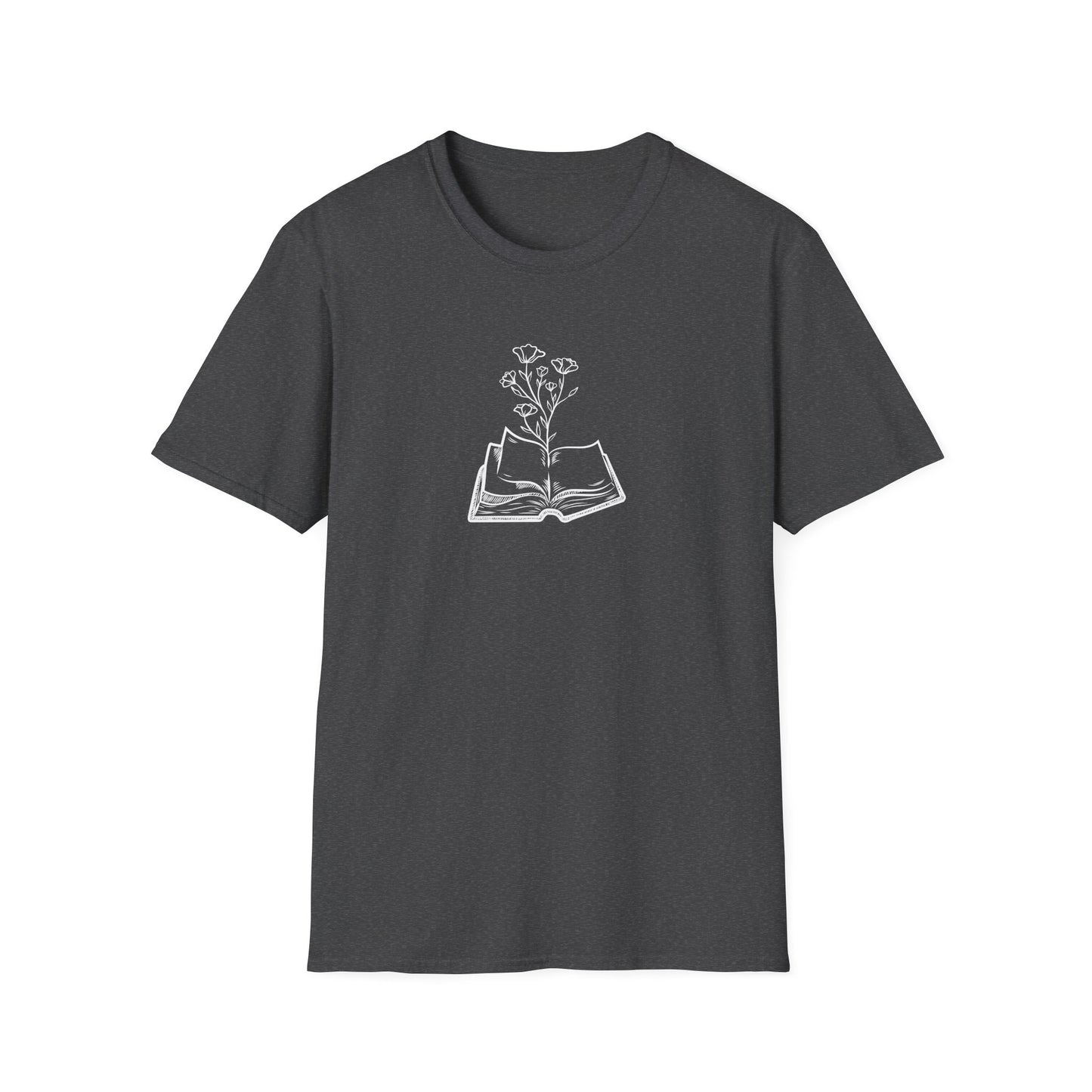 Literary Blooms Unisex Softstyle T-Shirt, Book Lover Gift, Reading Tee, Nature Graphic Shirt, Perfect for Birthdays, Book Clubs, and More