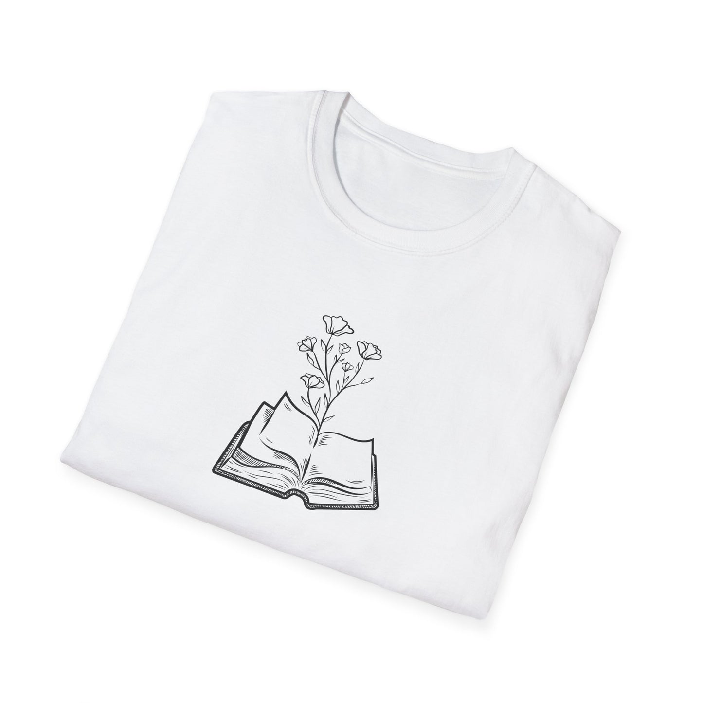Literary Blooms Unisex Softstyle T-Shirt, Book Lover Gift, Reading Tee, Nature Graphic Shirt, Perfect for Birthdays, Book Clubs, and More