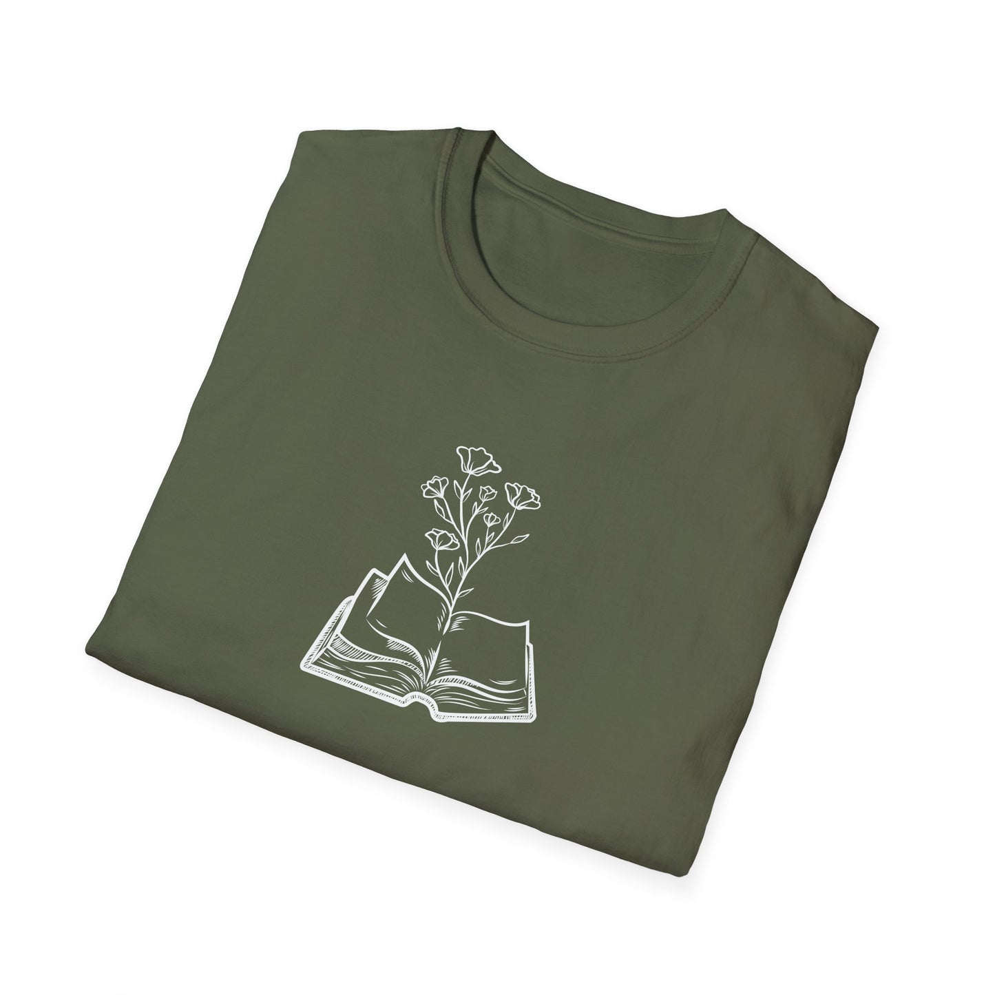Literary Blooms Unisex Softstyle T-Shirt, Book Lover Gift, Reading Tee, Nature Graphic Shirt, Perfect for Birthdays, Book Clubs, and More