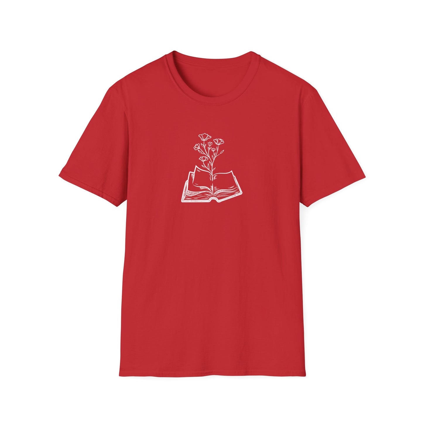 Literary Blooms Unisex Softstyle T-Shirt, Book Lover Gift, Reading Tee, Nature Graphic Shirt, Perfect for Birthdays, Book Clubs, and More