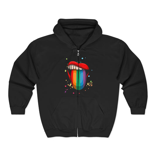 Colorful Rainbow Lip Hooded Sweatshirt, Unisex Hoodie, Festival Wear, Pride Merchandise, Streetwear, Graphic Zip-Up Sweatshirt