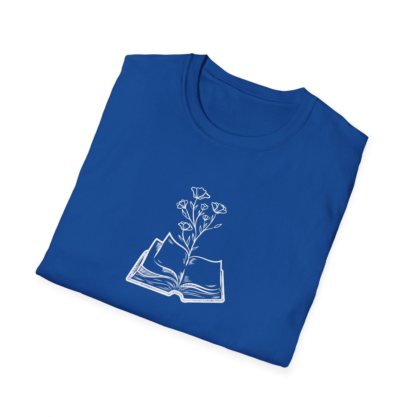 Literary Blooms Unisex Softstyle T-Shirt, Book Lover Gift, Reading Tee, Nature Graphic Shirt, Perfect for Birthdays, Book Clubs, and More
