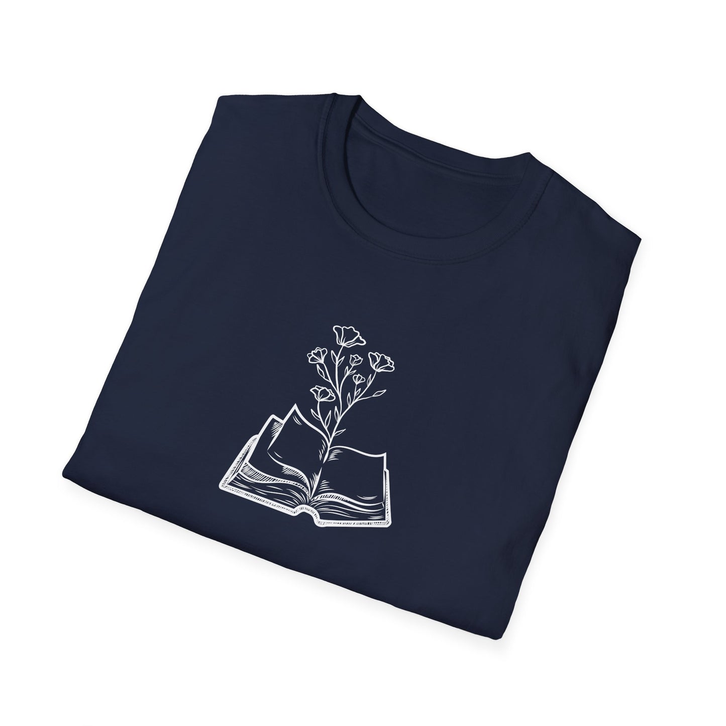 Literary Blooms Unisex Softstyle T-Shirt, Book Lover Gift, Reading Tee, Nature Graphic Shirt, Perfect for Birthdays, Book Clubs, and More
